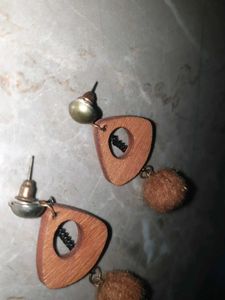 Wooden Teardrop Earrings with Pom Poms