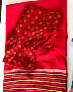 Red Saree with Golden Border and Polka dots Blouse