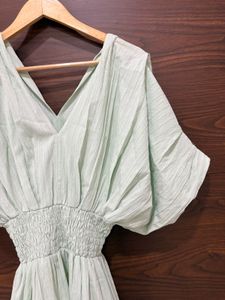 Light Green V-Neck Smocked Waist Dress
