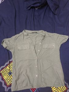 Olive Green Short Sleeve Button-Up Top