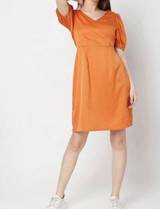 Orange Puff Sleeve V-Neck Dress