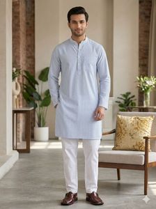 men Blue Striped Kurta Set