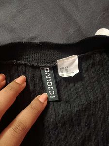 Black Ribbed Button-Up Top