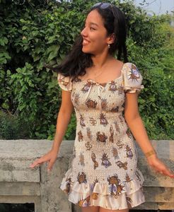 Cream Printed Smocked Puff-Sleeve Dress
