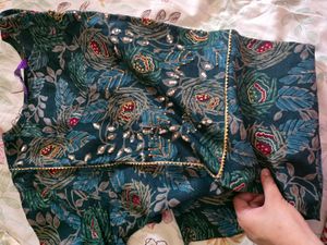 Libas Teal Botanical Print Embellished Kurta Set