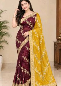 Beautiful Maroon & Yellow Embroidered Saree