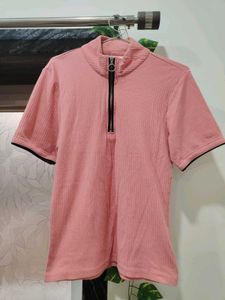 Pink Zip Neck Ribbed Top