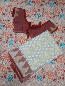 Elegant White & Red Saree with Blouse