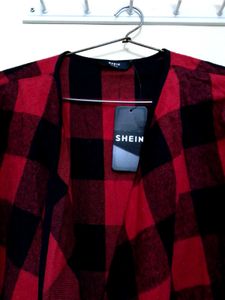 Shein Red &amp; Black Plaid open front long shrug