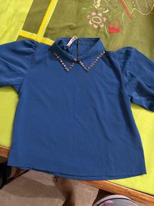 Blue Puff Sleeve Blouse with Embellished Collar