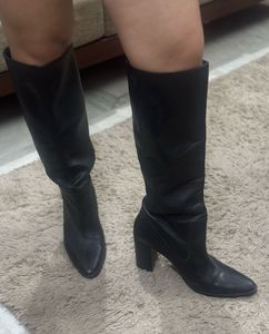 MANGO Black Knee-High Block Heel Boots