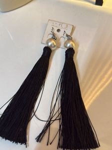 Elegant Black Tassel Earrings with Pearl Accent