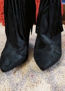 Black Boot Pencil Heels Fringe Style