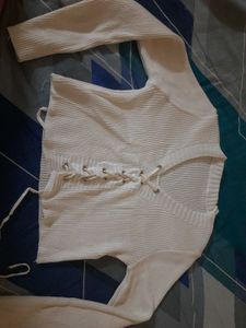 White Ribbed Lace-Up Knit Top