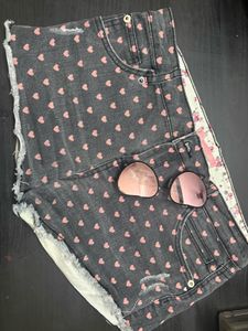 Cute Heart Print Denim Shorts