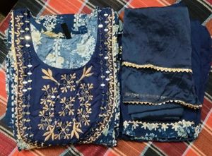 Festive Navy Blue Indian Anarkali Floral Print.