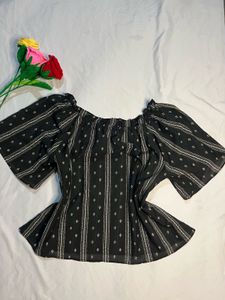 Black Off-Shoulder Blouse with White Print