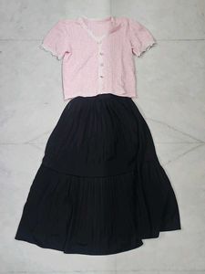 Cute Pink Lace Trim Top with black skirt