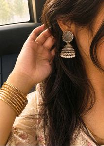 Oxidised Jhumka Earrings &amp; golden touch Bangles