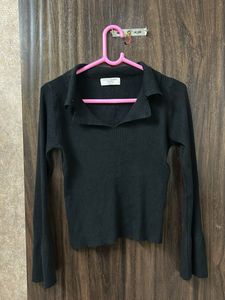 Chic Black Ribbed Bell Sleeve Top