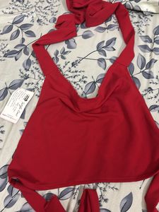 red halterneck tieup top