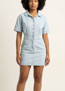 Trendy Light Wash Denim Button-Down Dress with Poc