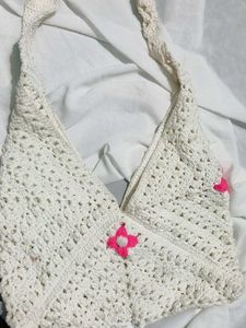 Crocheted Cream Hobo Bag with Flower Detail