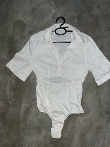 Zara White Linen-Blend Cutout Button-Up Bodysuit