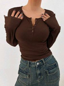 y2k 2000s Brown Henley Long Sleeve Top