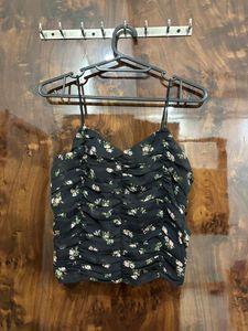 Black Floral Ruched Crop Top