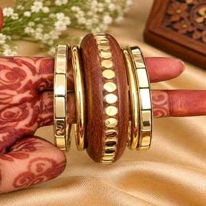 Ethnic Wooden & Gold Bangles Set