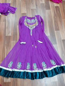 Net Fabric Purple Wedding 3 Piece Long Frock