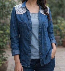 Boho Denim Shirt with Lace Shoulder Detail