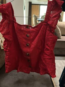 Red Button-Up Ruffle Sleeve Top