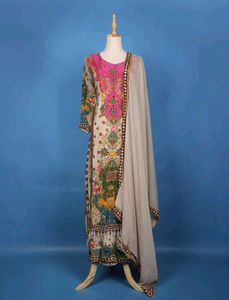 Beige And Pink Floral Printed Synthetic Suit Set