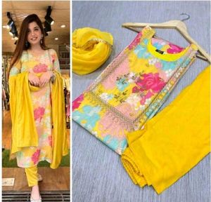 Vibrant Yellow Floral Kurta Set with Dupatta