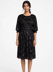 Black Floral Belted Midi Dress