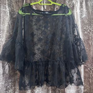 Sheer Black Lace Bell Sleeve Top