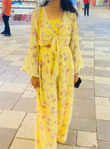 Yellow Floral Print Wide-Leg Pants Set