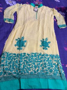 Beautiful Yellow Kurta with Teal Embroidery