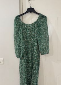 Zara Green Floral Puff Sleeve Midi Dress