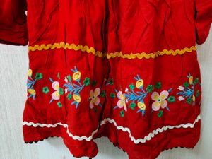 Red Cotton Frock With Embroidery