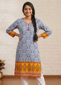 Blue & White Damask Printed Kurti