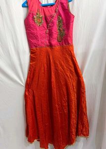 Pink &amp; Orange Embroidered Ethnic Gown