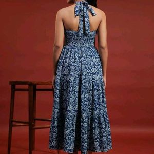 Blue Floral Print Halter Neck Dress