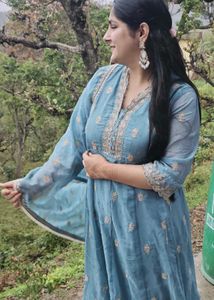 Elegant Blue Embroidered 3 piece Kurta set