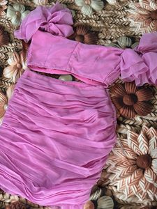 Pink Ruched Off-Shoulder Top &amp; Skirt Set