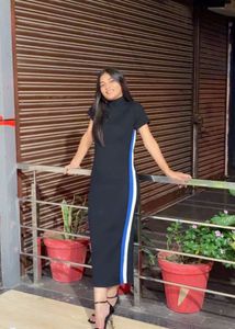 Stylish Black Midi Dress with Side Stripe