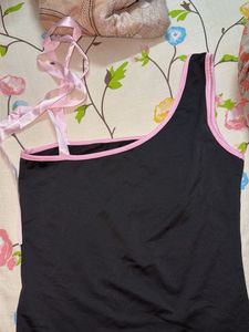 Chic Black One-Shoulder Top with Pink Ribbons