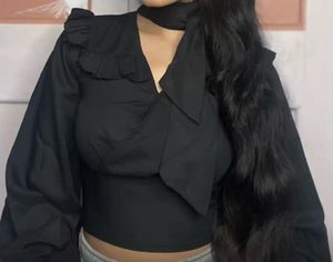 Chic Black Ruffled Crop Top with Bow Detail